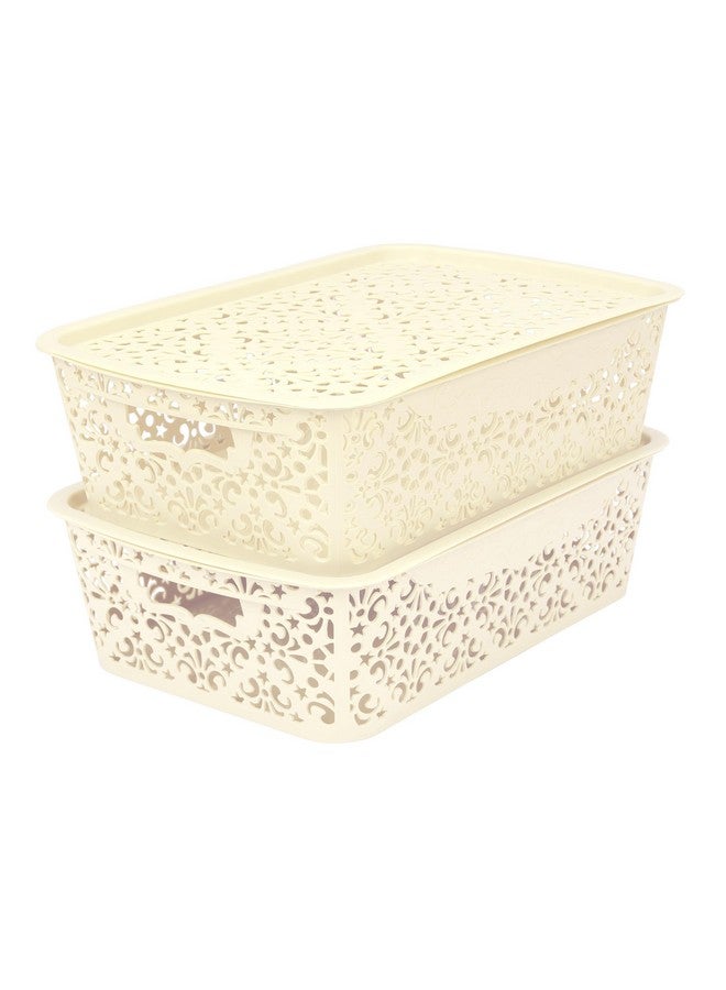 SIMPARTE Turkish Basket Medium Durable Plastic Storage Organizer with Lid & Handles for Bathroom, Pantry, Office - Multipurpose for Clothes, Toys, Essentials (Set of 2, Cream) - Image 1