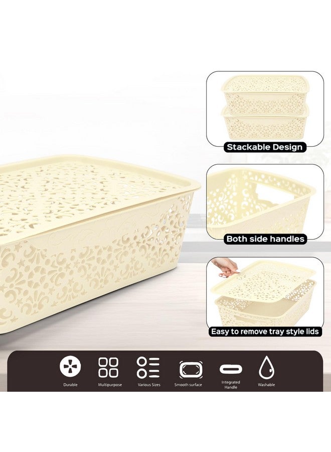 SIMPARTE Turkish Basket Medium Durable Plastic Storage Organizer with Lid & Handles for Bathroom, Pantry, Office - Multipurpose for Clothes, Toys, Essentials (Set of 2, Cream) - Image 5