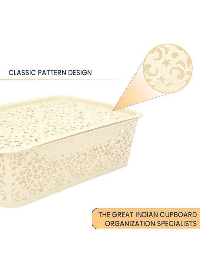 SIMPARTE Turkish Basket Medium Durable Plastic Storage Organizer with Lid & Handles for Bathroom, Pantry, Office - Multipurpose for Clothes, Toys, Essentials (Set of 2, Cream) - Image 3