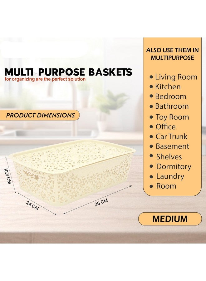 SIMPARTE Turkish Basket Medium Durable Plastic Storage Organizer with Lid & Handles for Bathroom, Pantry, Office - Multipurpose for Clothes, Toys, Essentials (Set of 2, Cream) - Image 4