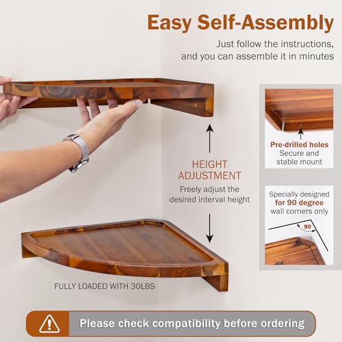 Demigo Floating Round Corner Shelves for Wall 2pcs - Acacia Wood Wall-Mounted Storage Shelves for Home Decor, Space Saving Displays for Living Room, Kitchen, Office, and Bedroom (Natural Brown) - Image 4