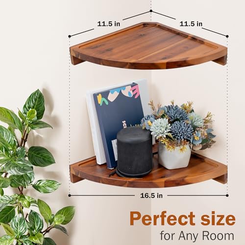 Demigo Floating Round Corner Shelves for Wall 2pcs - Acacia Wood Wall-Mounted Storage Shelves for Home Decor, Space Saving Displays for Living Room, Kitchen, Office, and Bedroom (Natural Brown) - Image 2