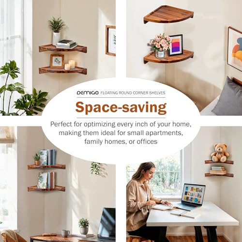 Demigo Floating Round Corner Shelves for Wall 2pcs - Acacia Wood Wall-Mounted Storage Shelves for Home Decor, Space Saving Displays for Living Room, Kitchen, Office, and Bedroom (Natural Brown) - Image 5