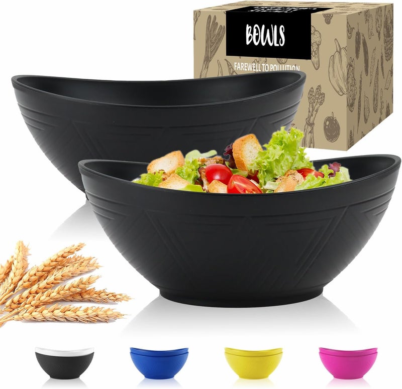 Wrova Big Wheat Straw BowlsLarge Salad Bowls Set of 2Dishwasher and Microware Safe Plastic Bowls ReusableEating bowls for CerealSaladFruitSnack Black - Image 1