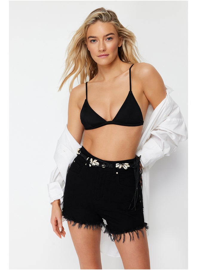 trendyol Black Denim Tasseled Denim 100% Cotton Shorts & Bermuda TBESS22SR0395  - Image 2