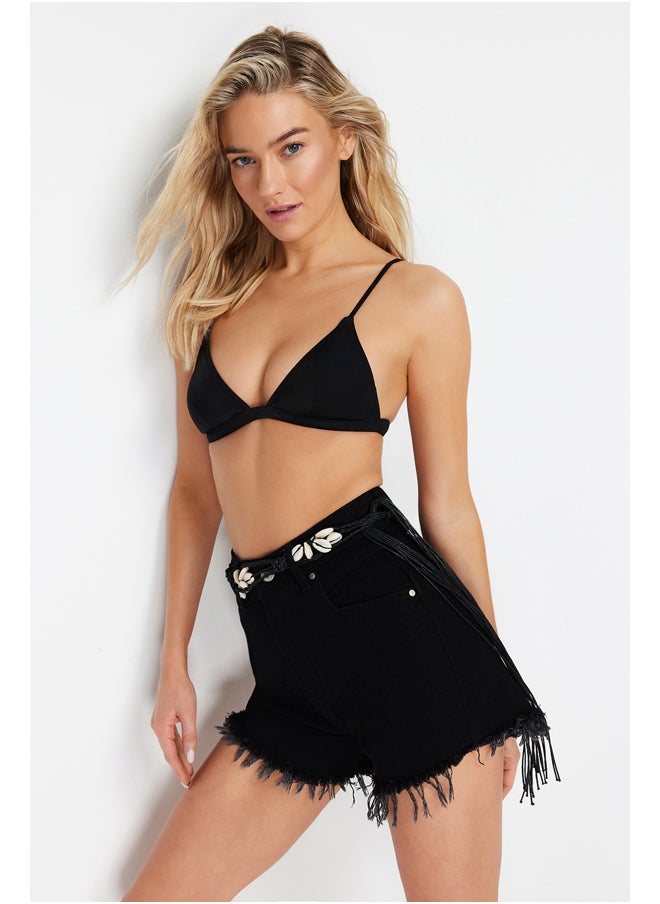 trendyol Black Denim Tasseled Denim 100% Cotton Shorts & Bermuda TBESS22SR0395  - Image 3
