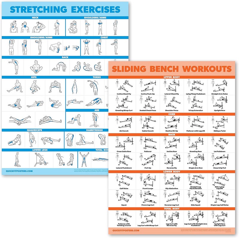 Palace Learning 2 Pack Stretching Exercises and Sliding Bench Workout Poster Set - Compatible with Total Gym & Weider Ultimate Body Works [LIGHT] (LAMINATED, 18” x 24”) - Image 1