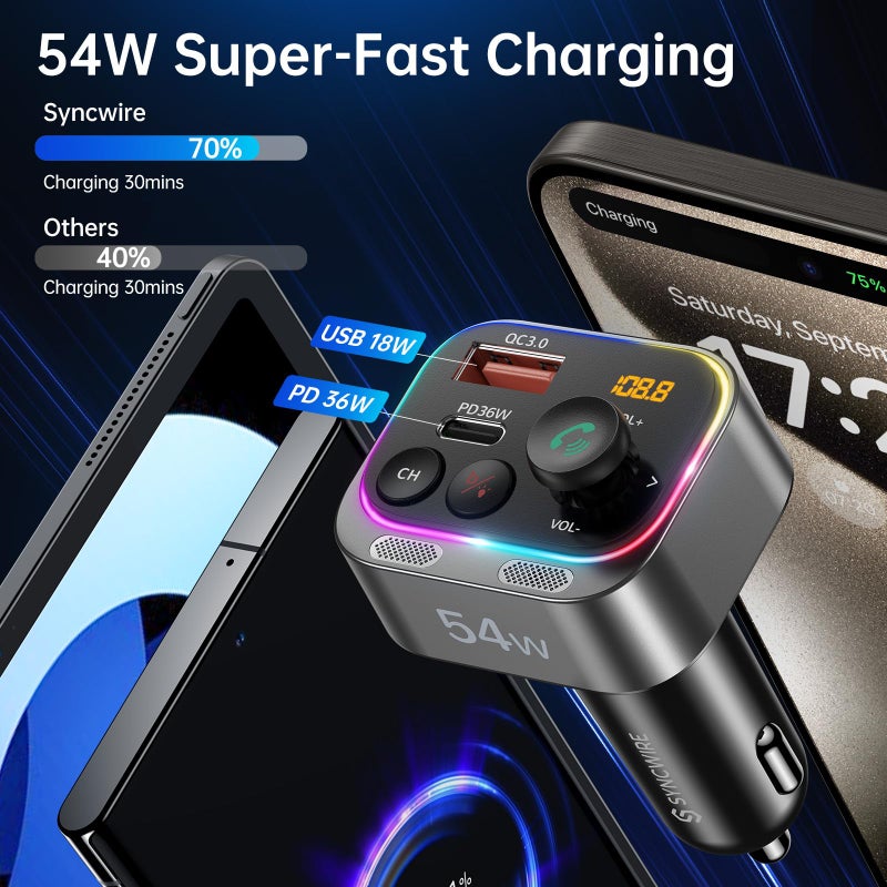 Syncwire Bluetooth 5.4 FM Transmitter Car Adapter 54W (PD 36W & 18W) [Stronger Dual Mics] [Light Switch] [HiFi Bass Sound] [Fast Charging] Wireless Radio Receiver Hands-Free Calling LED Display - Image 3