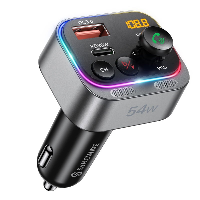 Syncwire Bluetooth 5.4 FM Transmitter Car Adapter 54W (PD 36W & 18W) [Stronger Dual Mics] [Light Switch] [HiFi Bass Sound] [Fast Charging] Wireless Radio Receiver Hands-Free Calling LED Display - Image 1