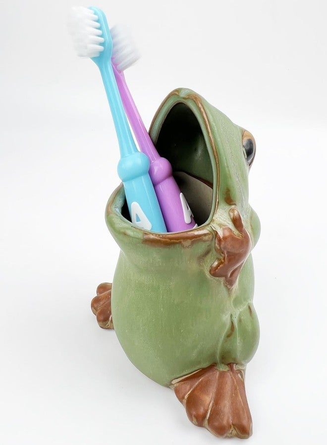 FlidRunest Green Ceramic Frog Toothbrush Holder for Bathroom - Easy to Clean Toothbrush Cup - Great Gift for Kids, Men - Image 1