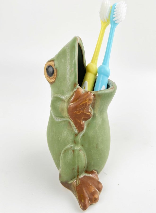 FlidRunest Green Ceramic Frog Toothbrush Holder for Bathroom - Easy to Clean Toothbrush Cup - Great Gift for Kids, Men - Image 2