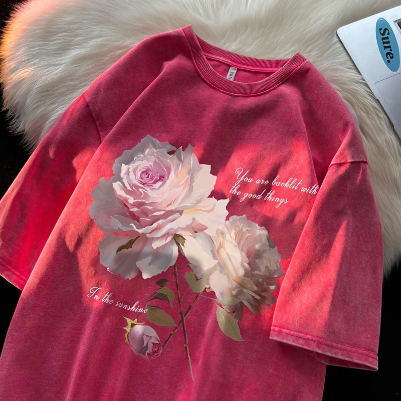 American Retro Rose Short-Sleeved T-Shirt Men'S Summer Heavy 230G Fashion Brand Oversize Plus Size Distressed T-Shirt - Image 4