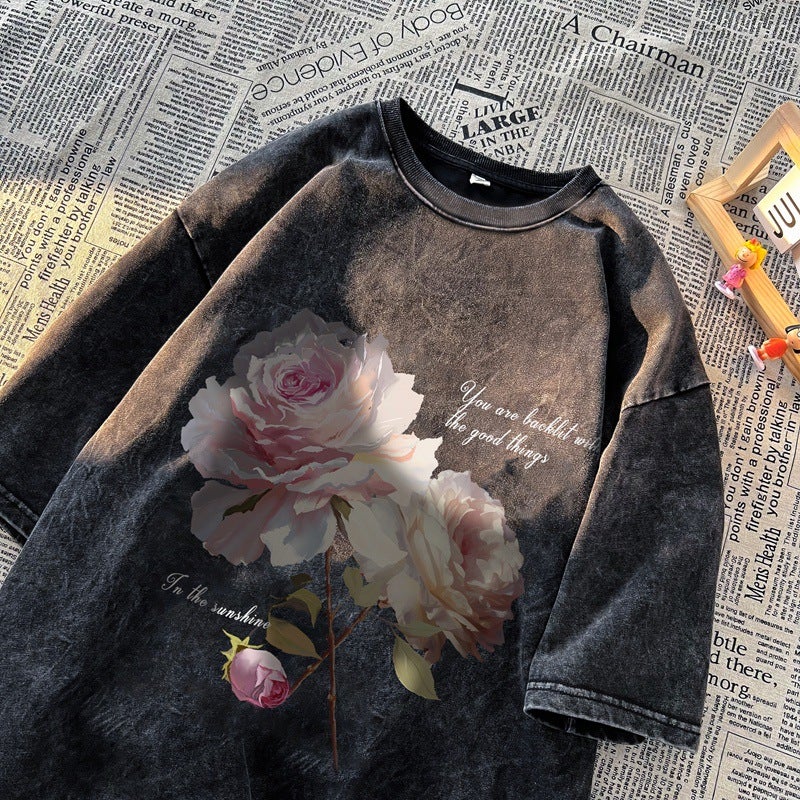 American Retro Rose Short-Sleeved T-Shirt Men'S Summer Heavy 230G Fashion Brand Oversize Plus Size Distressed T-Shirt - Image 3