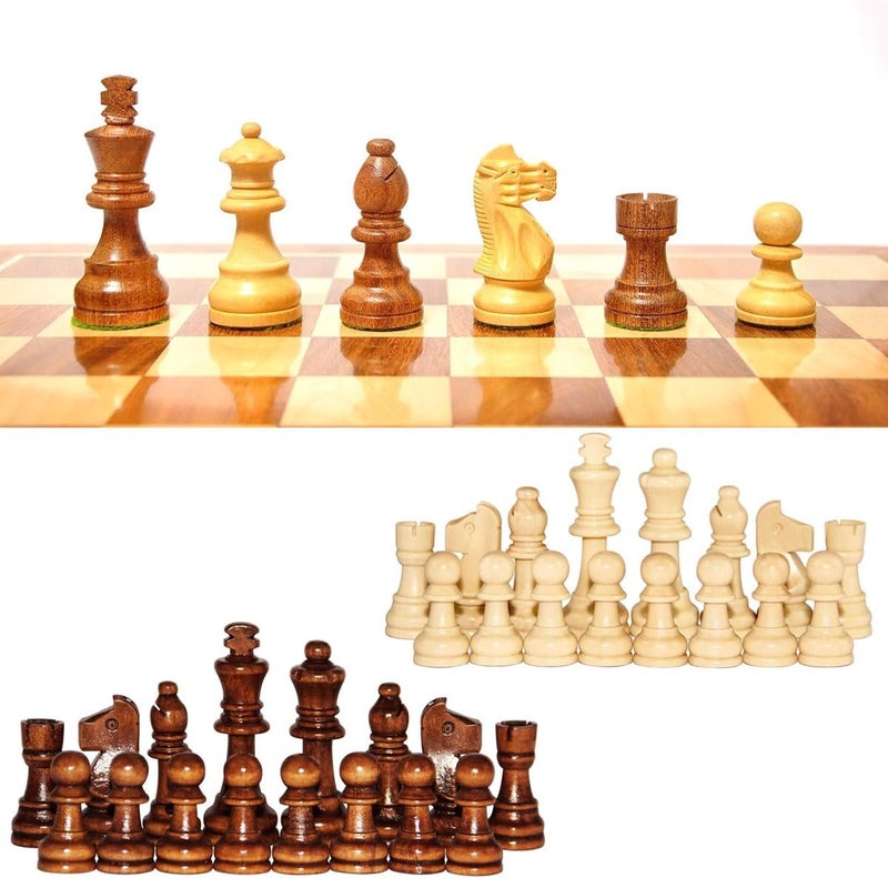 Canbee Chess Pieces and Chess Mat Green or Black Wood Polished 16 Black and 16 Creemy White and 18..2' x18.2' Vinyl Foldable Roll-up Matt Wooden 32 Coins 5.7cm King (Chess Pieces ONLY) - Image 1