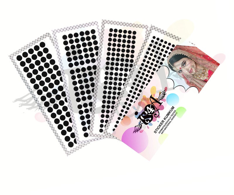 IS4A 516 Indian Velvet Round Dot Bindi Tattoo Stickers Adhesive Body Jewelry Multi Colored Different Size Daily Use Forehead Bindis (Black) - Image 3