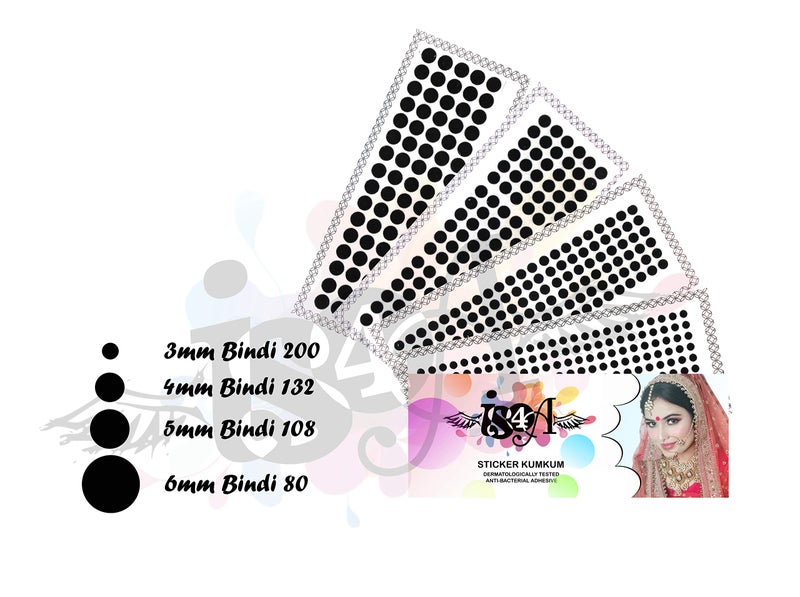 IS4A 516 Indian Velvet Round Dot Bindi Tattoo Stickers Adhesive Body Jewelry Multi Colored Different Size Daily Use Forehead Bindis (Black) - Image 2
