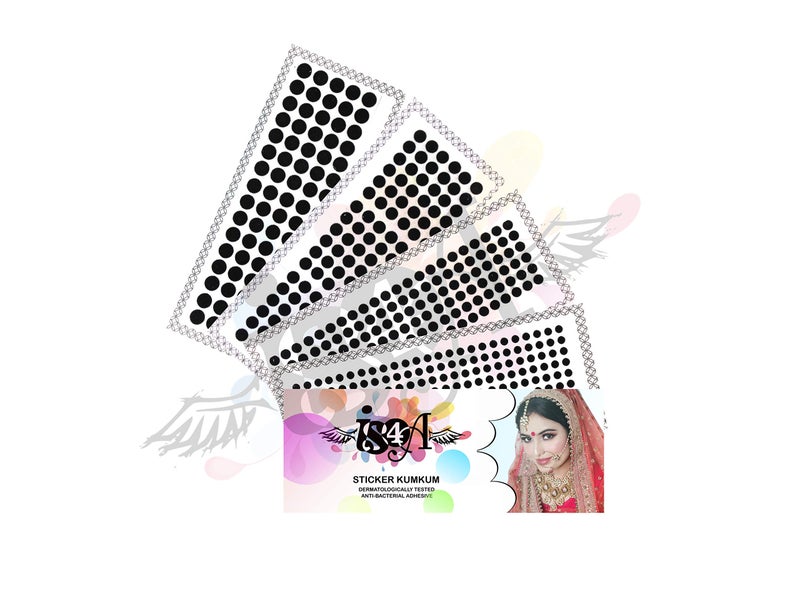 IS4A 516 Indian Velvet Round Dot Bindi Tattoo Stickers Adhesive Body Jewelry Multi Colored Different Size Daily Use Forehead Bindis (Black) - Image 1