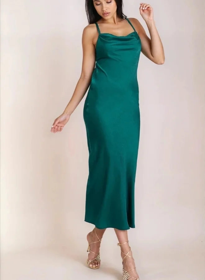 Little Mistress Emerald Green Satin Cowl Neck Midi Dress