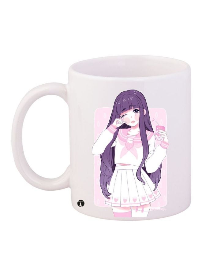 Cartoon Girl Printed Coffee Mug White/Purple/Pink 11ounce