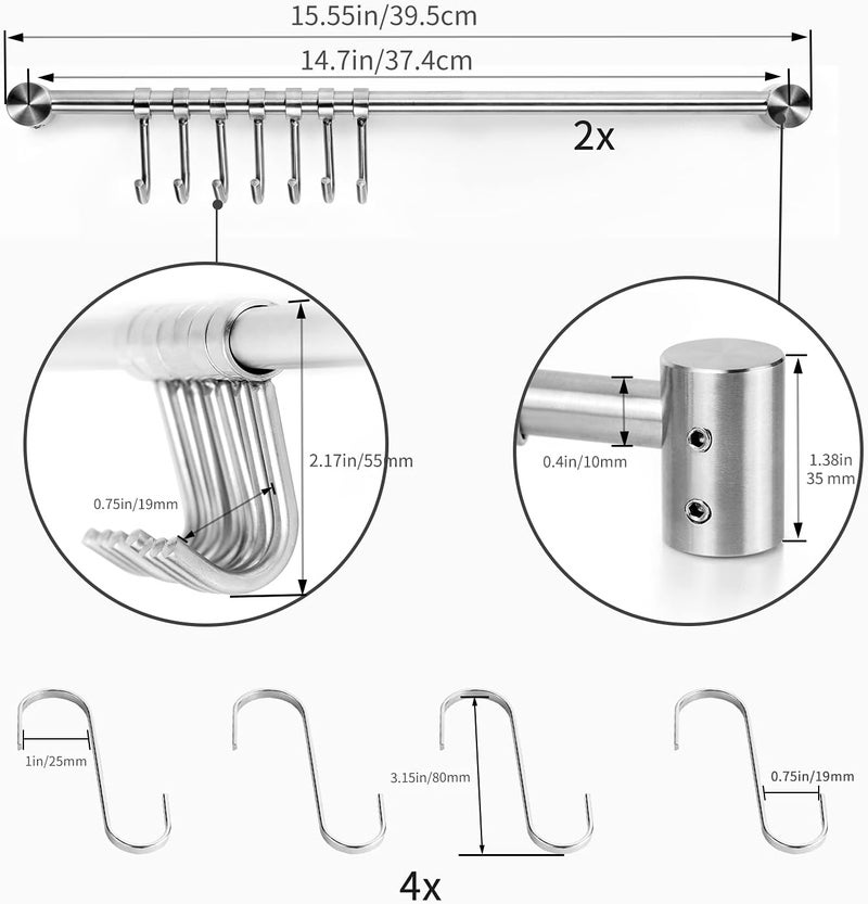 Audmore 15.6 Inch Wall Mounted Pots and Pans Hanging Rack, 304 Stainless Steel, Rust Resistant, Space Saving, Easy Installation, 7 Sliding Hooks, 1 Pack - Image 2