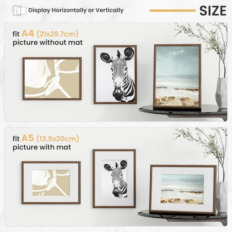 FLYJOE A4 Picture Frame, Display Pictures 6x8 with Mat or 8.3 x 11.7 Without Mat, Wall and Tabletop Display Photo Frame, Walnut, 3 Pack - Image 2