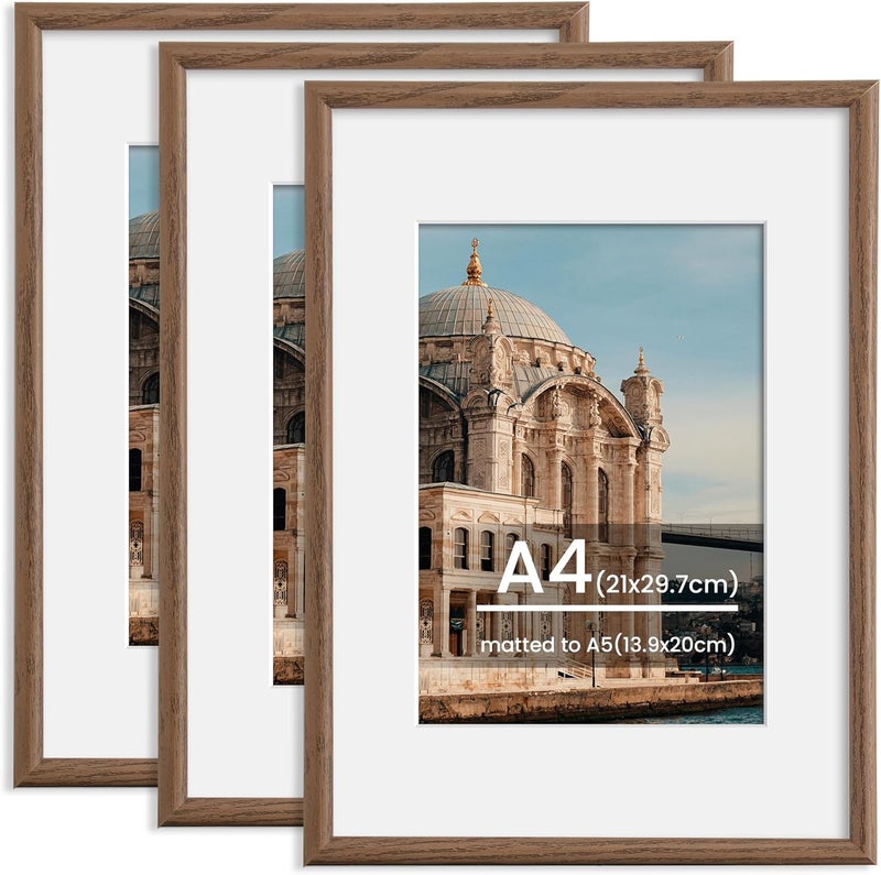 FLYJOE A4 Picture Frame, Display Pictures 6x8 with Mat or 8.3 x 11.7 Without Mat, Wall and Tabletop Display Photo Frame, Walnut, 3 Pack - Image 1
