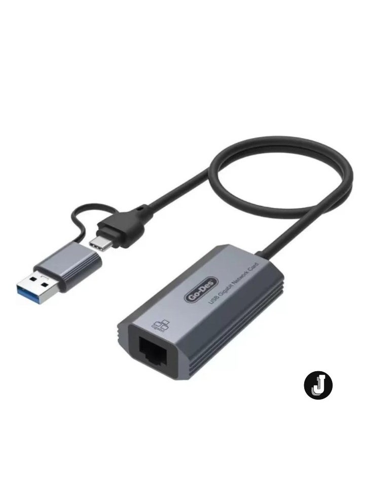 JAJEEK 2-in-1 Type-C and USB-A Gigabit Ethernet Converter Cable – 1000Mbps, 50cm with RJ45 Port, Aluminum Alloy Protection, Plug & Play for Windows, Linux, MacOS, and More - Image 1