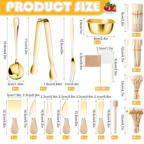 Widecook 270 Pcs Charcuterie Board Accessories Cheese Butter Spreader Knife Set Butcher Paper Roll Serving Tongs Forks Spoons Dipping Bowls Dippers Cocktail Picks for Party Wedding Christmas (Gold) - Image 2