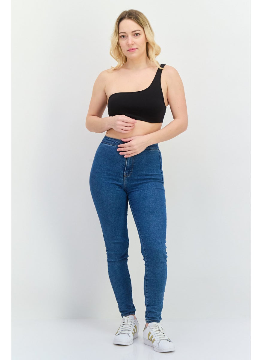UNDIZ - Women One Shoulder Plain Crop Top, Black - Image 1