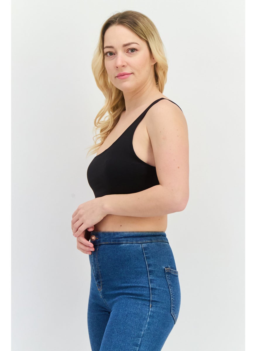 UNDIZ - Women One Shoulder Plain Crop Top, Black - Image 1