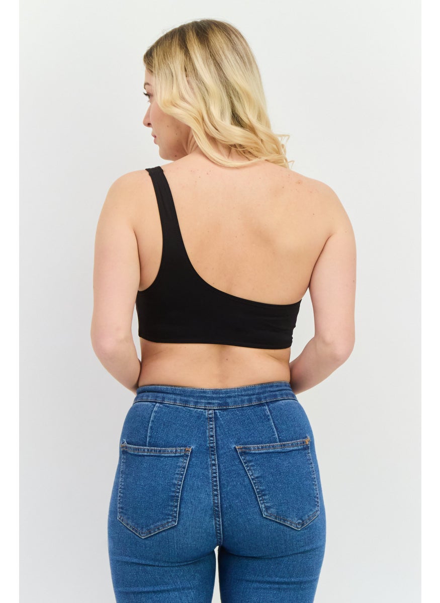 UNDIZ - Women One Shoulder Plain Crop Top, Black - Image 1