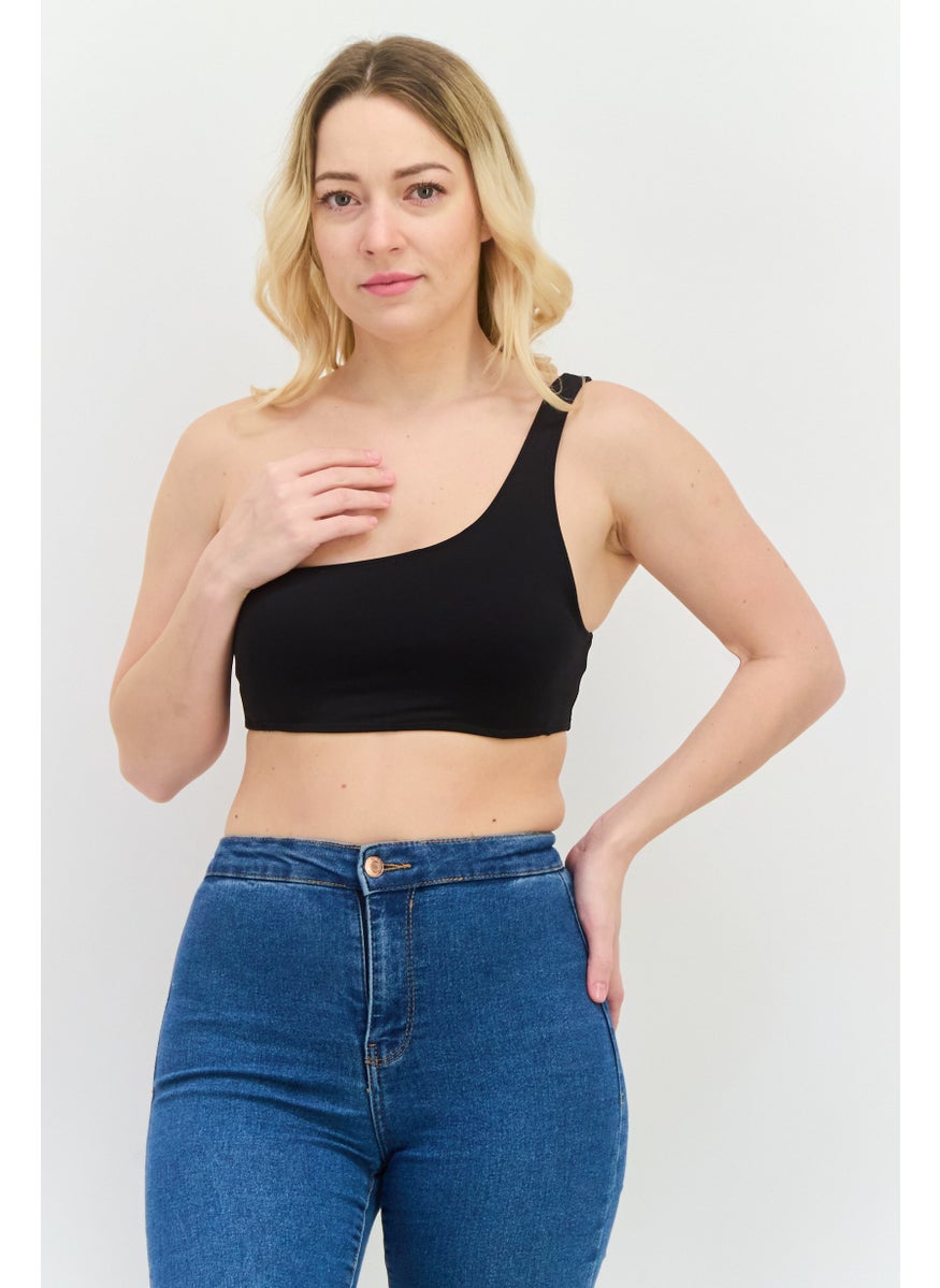 UNDIZ - Women One Shoulder Plain Crop Top, Black - Image 1