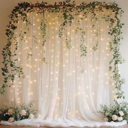 Patioman 10x8ft White Tulle Backdrop Curtain with Lights, Wrinkle-Free Sheer Wedding Backdrop for Birthday Parties, Baby Showers, Bridal Showers, Photo Shoots and Home Decorations, White - Image 1