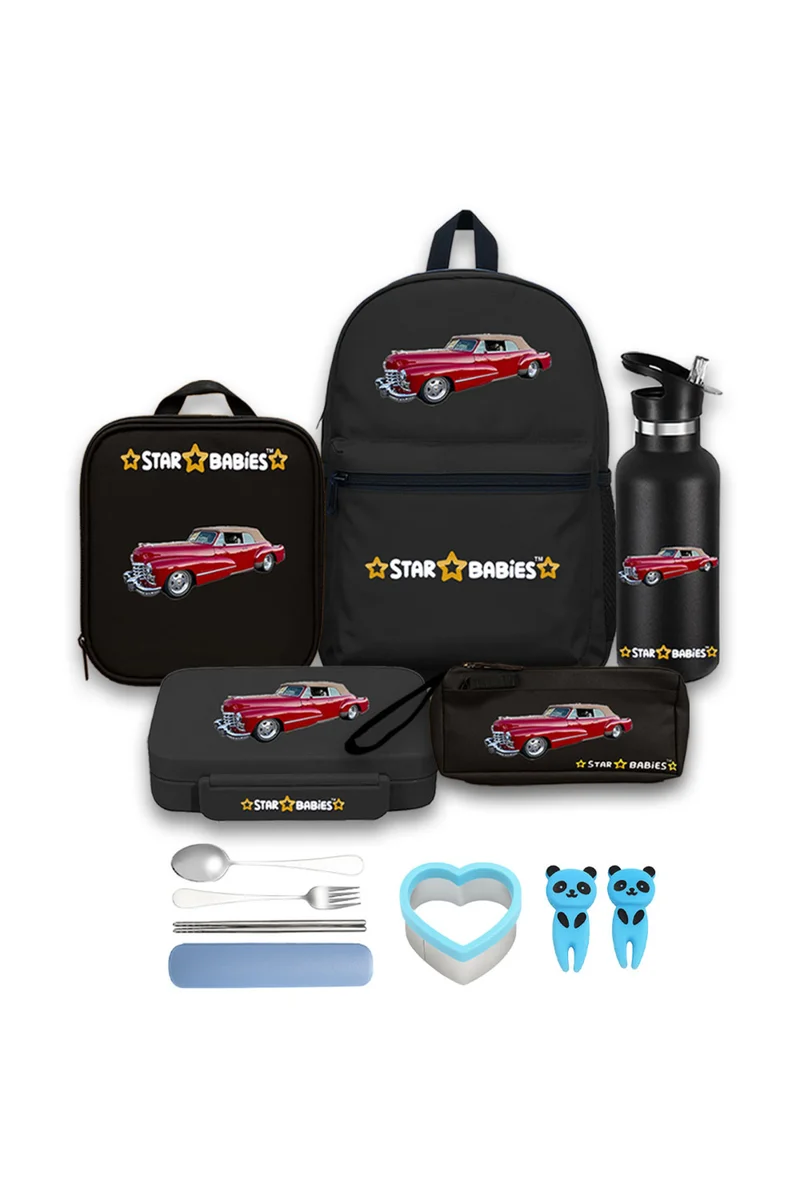STAR BABiES Star Babies 16-Inch Retro Car Themed Children's Backpack for boys Adjustable Shoulder Strap for Hiking Large with 500 ml Stainless Steel Water Bottle and Bento Lunch Box with 4 Compartments, Leak-Proof, Toddler-Friendly,and Bento Lunch Bag and Pencil Case, Pack of 5
