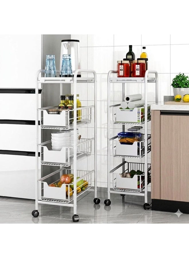4-Tier Rolling Kitchen Storage Trolley - Multi-Purpose Utility Cart with Slide-Out Wire Baskets and Lockable Wheels - Versatile Slim Organizer for Kitchen, Pantry, Laundry & Bathroom - White Metal Frame - Image 1