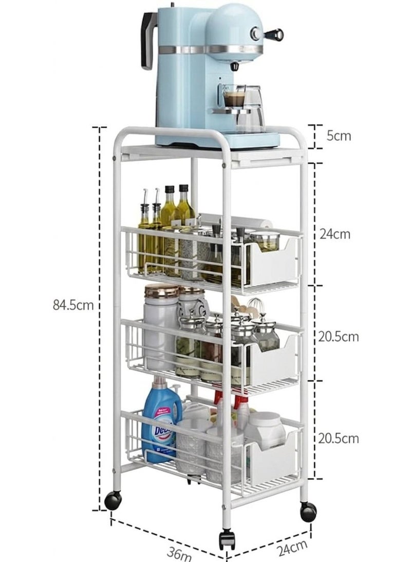 4-Tier Rolling Kitchen Storage Trolley - Multi-Purpose Utility Cart with Slide-Out Wire Baskets and Lockable Wheels - Versatile Slim Organizer for Kitchen, Pantry, Laundry & Bathroom - White Metal Frame - Image 2