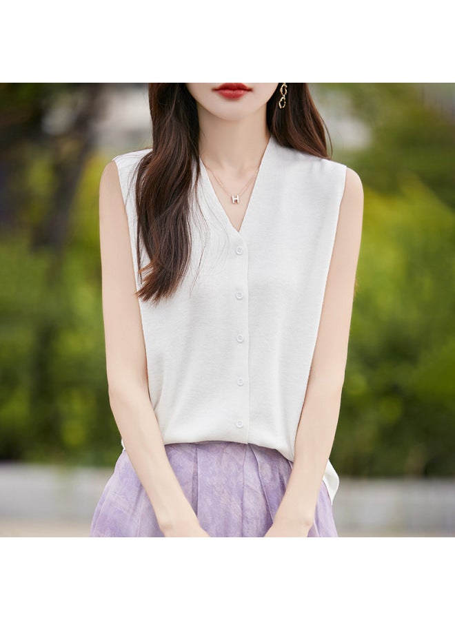 V-Neck Worsted Wool Knitted Cardigan Vest Women's Solid Color Loose Lazy Simple Fashion All-Match Sleeveless Vest