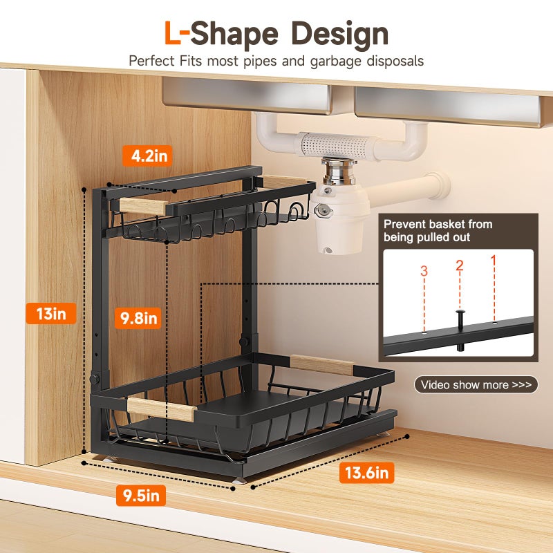 Sevenblue 2 Packs Under Sink Organizer, Height Adjustable 2 Tier Under Kitchen Sink Organizer, Multi-Purpose Storage Shelf for Kitchen Bathroom Cabinet (Black, Large) - Image 4