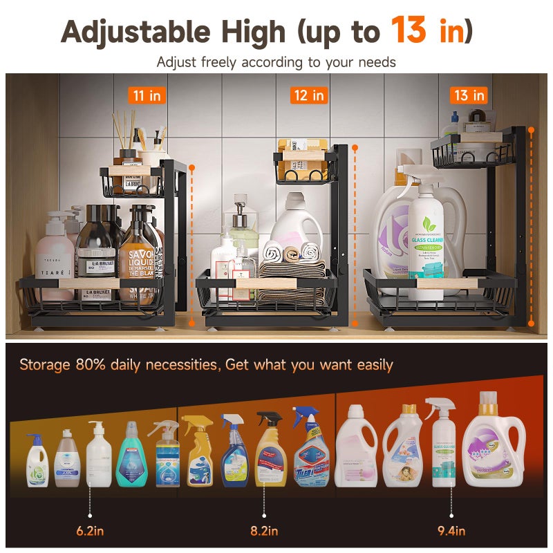 Sevenblue 2 Packs Under Sink Organizer, Height Adjustable 2 Tier Under Kitchen Sink Organizer, Multi-Purpose Storage Shelf for Kitchen Bathroom Cabinet (Black, Large) - Image 2