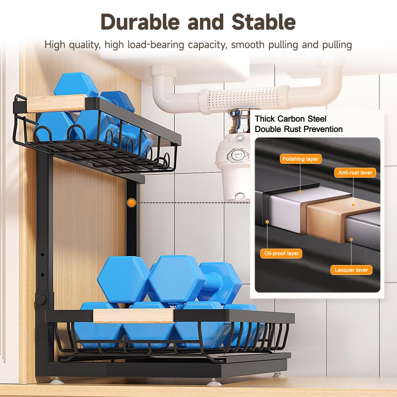 Sevenblue 2 Packs Under Sink Organizer, Height Adjustable 2 Tier Under Kitchen Sink Organizer, Multi-Purpose Storage Shelf for Kitchen Bathroom Cabinet (Black, Large) - Image 5