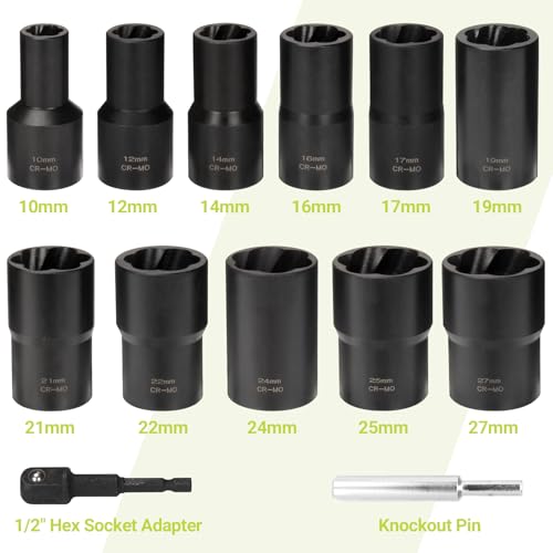 KAKILFOB Lug Nut Extractor Twist Socket Set, 13 Pieces Wheel Lock Removal Kit, for Removing Damaged, Frozen, Rusted, Nuts & Screws, Cr-Mo Steel - Image 2