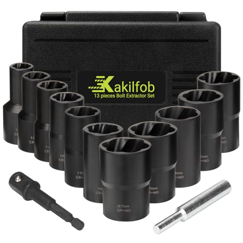KAKILFOB Lug Nut Extractor Twist Socket Set, 13 Pieces Wheel Lock Removal Kit, for Removing Damaged, Frozen, Rusted, Nuts & Screws, Cr-Mo Steel - Image 1