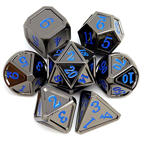 Haxtec Black Metal DND Dice Set DD WGift Metal Case Polyhedral Dice Compatible with Dungeons and Dragons TTRPGBlack Blue Numbers - Image 1