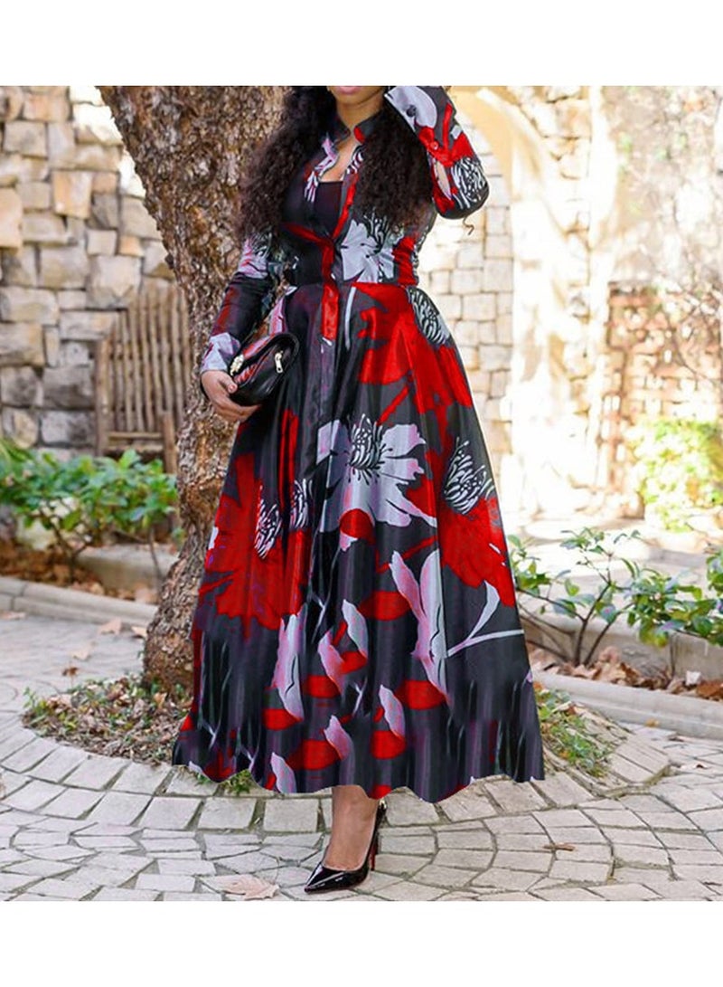 NIBEMINENT Retro Print Large Maxi Dress Women's Fashion Elegant Office Women's Long Dresses Spring Autumn Casual Long-sleeve Slim - Image 1