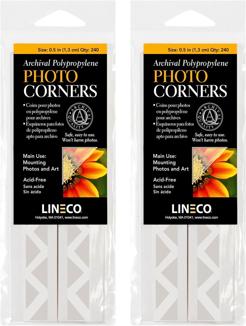 Lineco Archival Polypropylene Mounting Corners, Pressure Sensitive Acid-Free Acrylic Self-Adhesive Backing, 0.5 Inch Clear, for Artwork Photos Certificates Displaying Pictures (Qty: 240) 2 Pack - Image 1