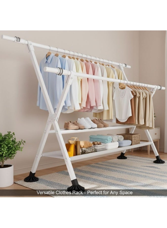 AIWANTO Extendable 150–240cm X-Frame Clothes Drying Rack – Space-Saving Foldable Metal Laundry Stand with 2-Tier Fast-Dry Shelves, Sturdy Anti-Slip Base for Indoor & Outdoor Use - Image 4