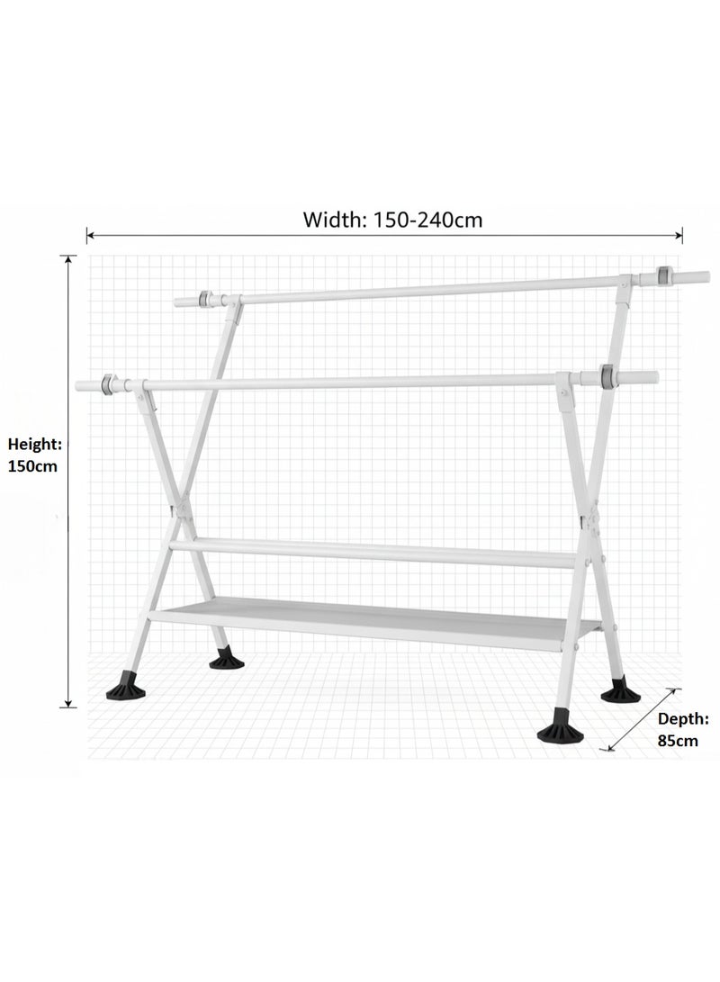 AIWANTO Extendable 150–240cm X-Frame Clothes Drying Rack – Space-Saving Foldable Metal Laundry Stand with 2-Tier Fast-Dry Shelves, Sturdy Anti-Slip Base for Indoor & Outdoor Use - Image 5