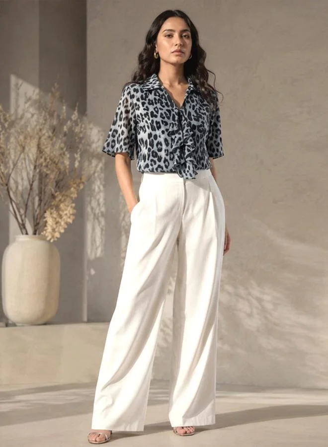 Mish Black Animal Print Top With Ruffle Detail