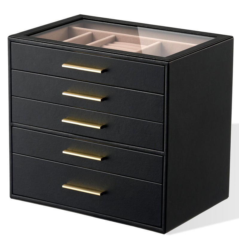 pickpiff Jewelry Box Organizer Case for Women: 5-Layer Jewelry Storage Case with Glass Window, Black Leather with Blush Velvet, Holder for Ring Necklace Bracelet Brooch Watch, Great Gift for Her - Image 1