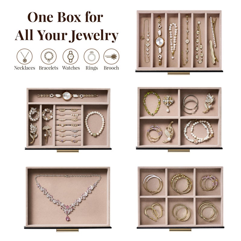 pickpiff Jewelry Box Organizer Case for Women: 5-Layer Jewelry Storage Case with Glass Window, Black Leather with Blush Velvet, Holder for Ring Necklace Bracelet Brooch Watch, Great Gift for Her - Image 2